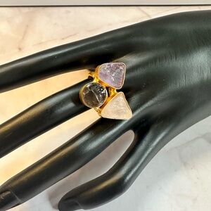 Gold Tone Raw Gemstone Cluster Ring — Adjustable Statement Ring